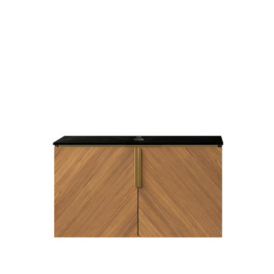 Meuble-lavabo en pierre frittée de 76 cm avec armoire en chêne brun, sans couvercle de lavabo - Résistance supérieure à l'eau, design diagonal. Meuble-lavabo noir, lavabo, robinetterie ou contreplaqué, panneaux de porte texturés.