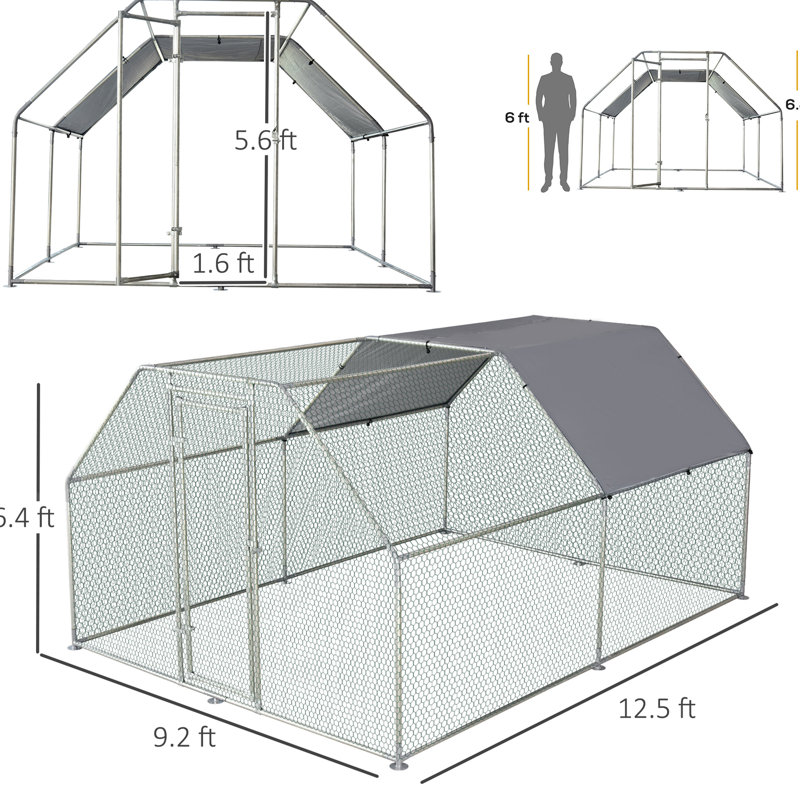 Poulailler avec abat-jour imperméable 9 pi x 12 pi 6,5 pi, pouvant accueillir 8 à 12 poulets, lapins, canards, acier galvanisé, cage de couloir verrouillable, pouvant accueillir une porte pour animal de compagnie