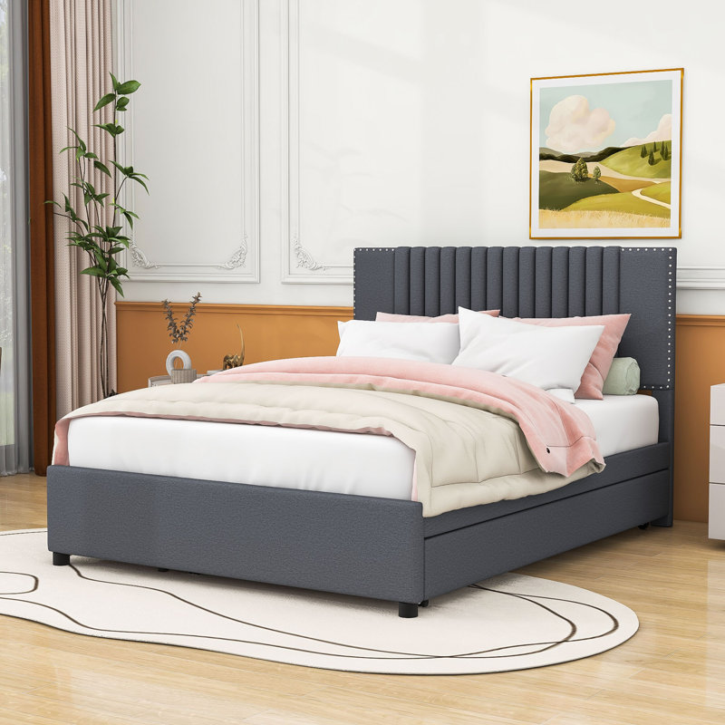 Lit plateforme tapissier à 2 tiroirs avec lit gigogne simple Grifin, Double, gris