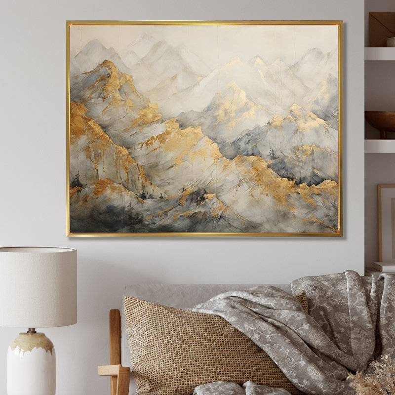 «Bold Beige and Gold Mountain Glacier», reproduction d'art sur toile, Cadre flottant doré, H 34 po x l 44 po x P 1,5 po