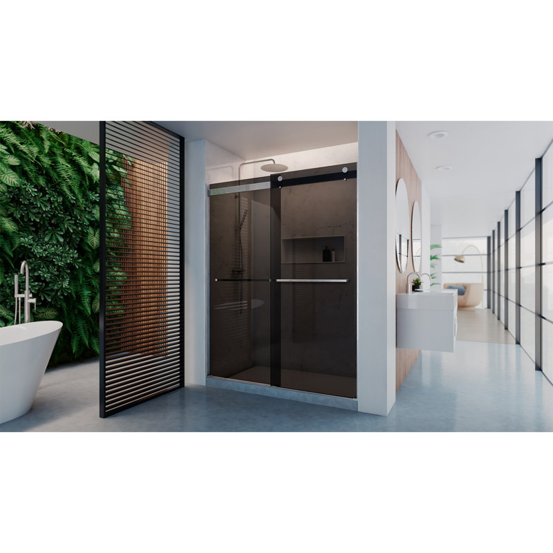 DreamLine Dexterity 56-60 in. W x 76 in. H Frameless Smoke Gray Glass Bypass Shower Door, Brushed Nickel
