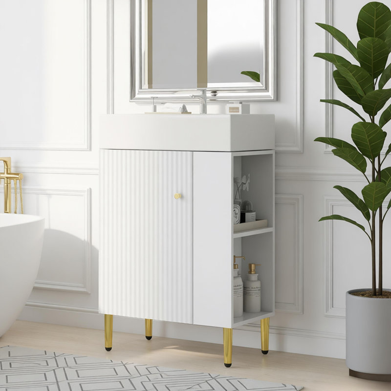 Meuble-lavabo à tablettes ouvertes 21,6 po avec lavabo en céramique et porte à fermeture douce, assemblage requis, Blanc