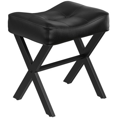 Leather Vanity Stool Chair, Vanity Bench With Metal X-Leg, Ottoman Foot Stool With Thick Padded Saddle Seat, Black by Winston Porter