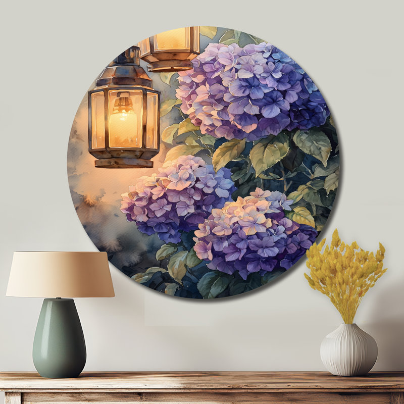 Lanterne d'hortensias en boho - art mural rond en métal hydrangées, H 16 po x l 16 po