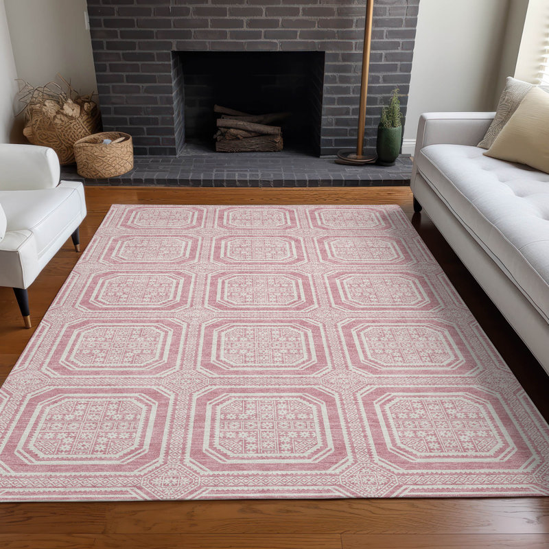 Pink and White Rectangular Washable Synthetic Rug