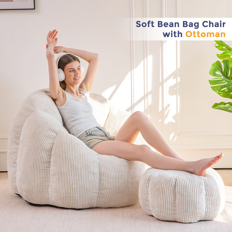 Fauteuil à billes en velours côtelé avec repose-pieds Giant, Beige