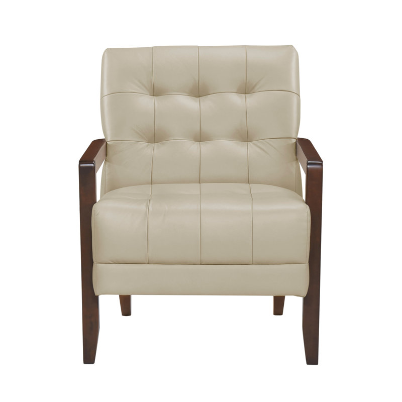 Fauteuil contemporain en cuir beige, respirant et d'appoint avec accoudoirs roulés au fini noyer, Beige