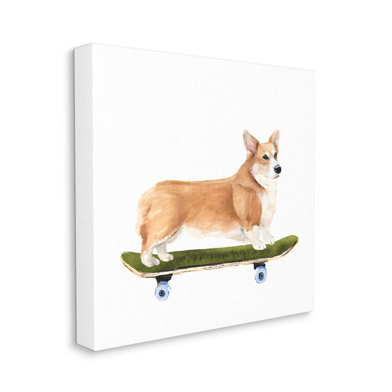 Chien Playful Corgi sur une planche à roulettes verte, H 30 po x l 30 po x P 1,5 po, Toile tendue