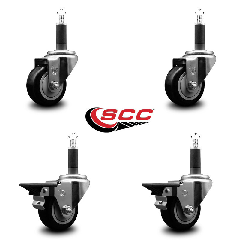 Ensemble de roulettes extensibles pivotantes en poly sur roulettes 2 freins SCC PLB 3 po x 1 po, Noir