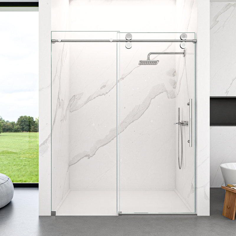 44"-48"W*76" H Frameless Single Sliding Shower Door – 5/16" (8Mm) Clear Tempered Glass, Silver