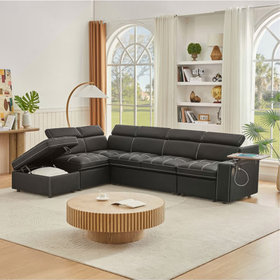 Black Fabric Sectional Sofa with Storage Ottoman