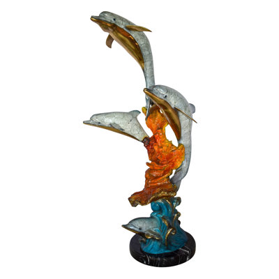 Statue de quatre dauphins nageant dans l'océan en bronze coloré, taille: 18 po x 14 po x H 41 po