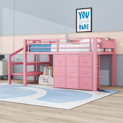 Twin Low Loft Bed with Storage Stairs, Drawers and Integrated Lights