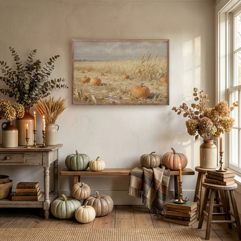 Pumpkin Patch In Field, 24" H x 36" W