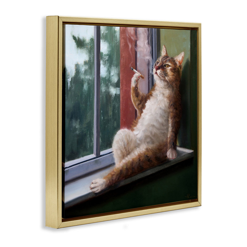 «Chat fumant en train de flâner dans une fenêtre» par Lucia Heffernan, Cadre flottant métallique doré, H 18 po x l 18 po