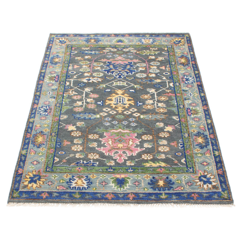 Tapis gris foncé moderne en laine noué à la main 5 pi 0 po x 8 pi 2 po Oushak