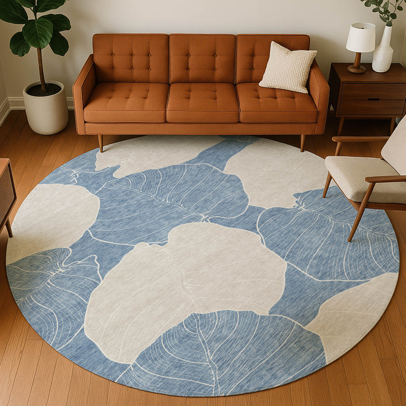 Machine Washable Indoor/Outdoor Chantille ACN2506 Floral Rug, Denim, Round 8'