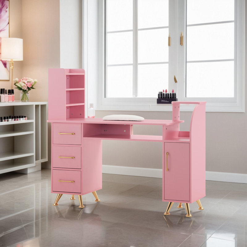 Ingrim Vanity Makeup Desk, Manicure Table with Shelf and Cabinet, Gold/Pink