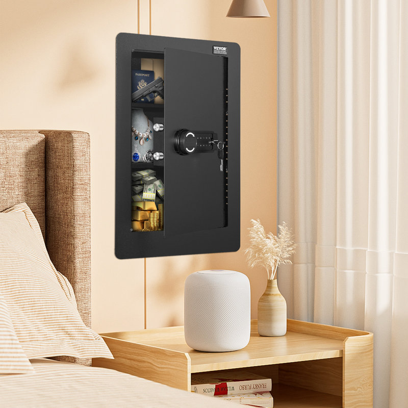 Black Steel 25.59" Tall In-Wall Safe with Keypad and Shelves
