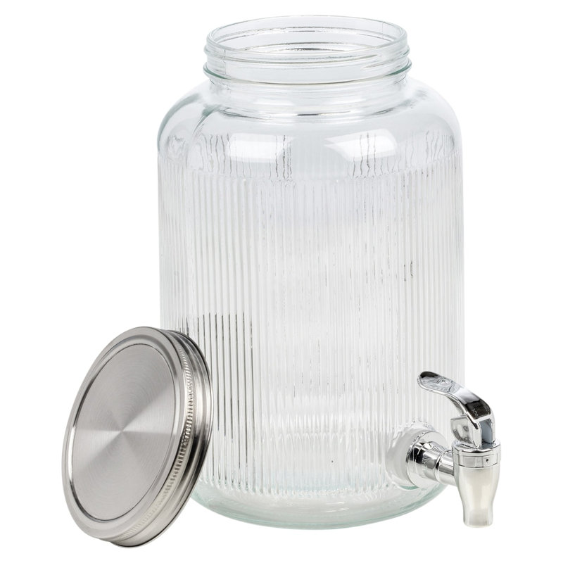 4L Ribbed Glass Beverage Dispenser with Tap and Stainless Steel Lid