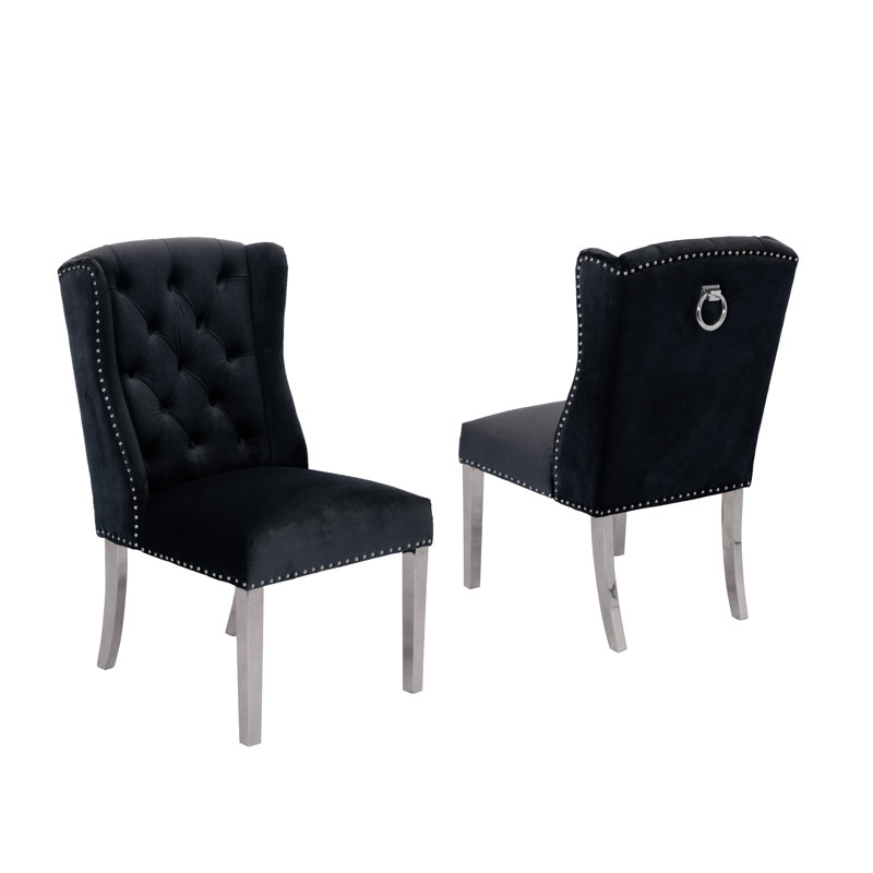 Manawa 19'' H Tufted Velvet Upholstered Side Chair, Navy Blue, Silver