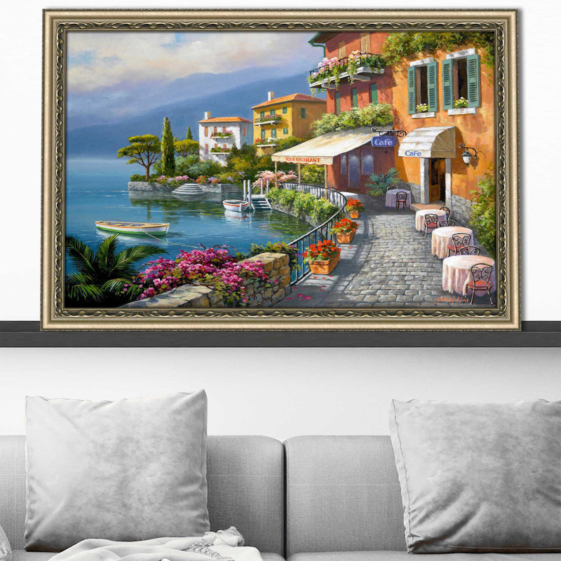 Seaside Bistro Café par - Peinture, Impression encadrée, H 27,5 po x l 39,5 po, Champagne