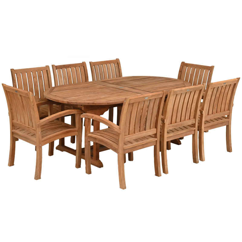 9 Piece Teak Wood Dining Set Including Oval Extension Table With 8 Abacho Arm Chairs
