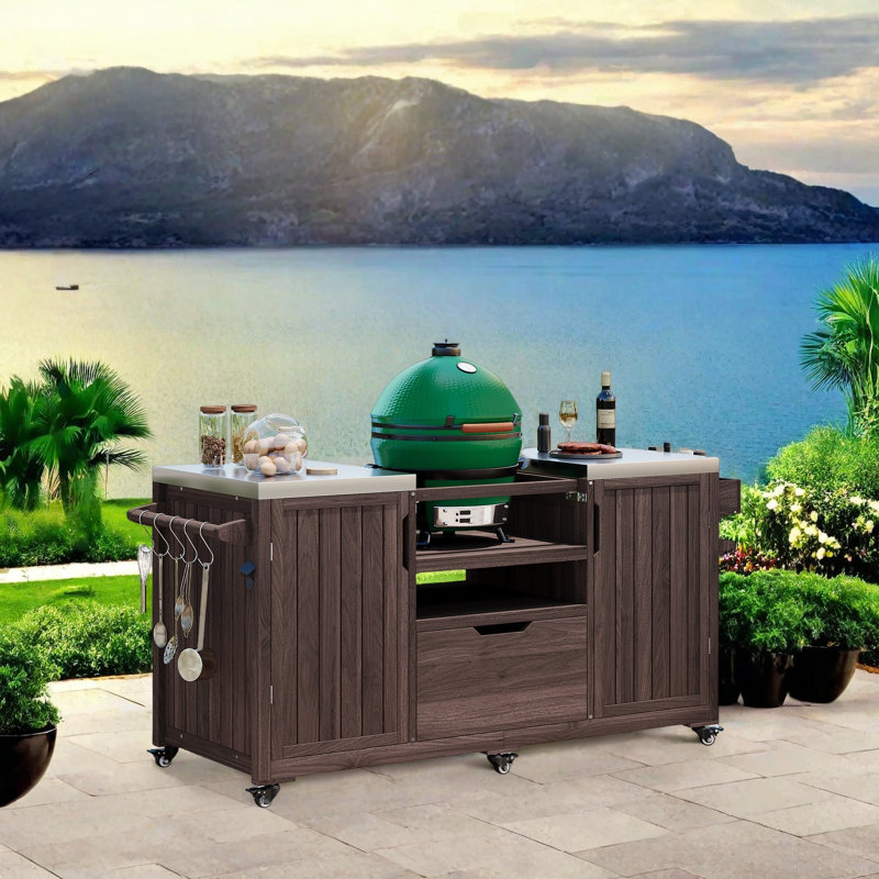 Outdoor Grill Cart With Fir Wood Construction, Adjustable Middle Shelf, Ample Storage & Mobility, Spice Rack, Paper Towel Holder, And S-Hooks