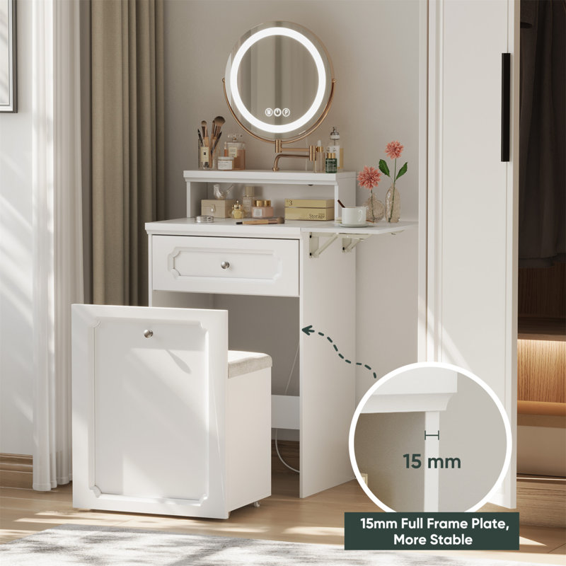 Bureau de coiffeuse blanc avec miroir rond et lumières, table de chevet 2 en 1, coiffeuse avec fauteuil