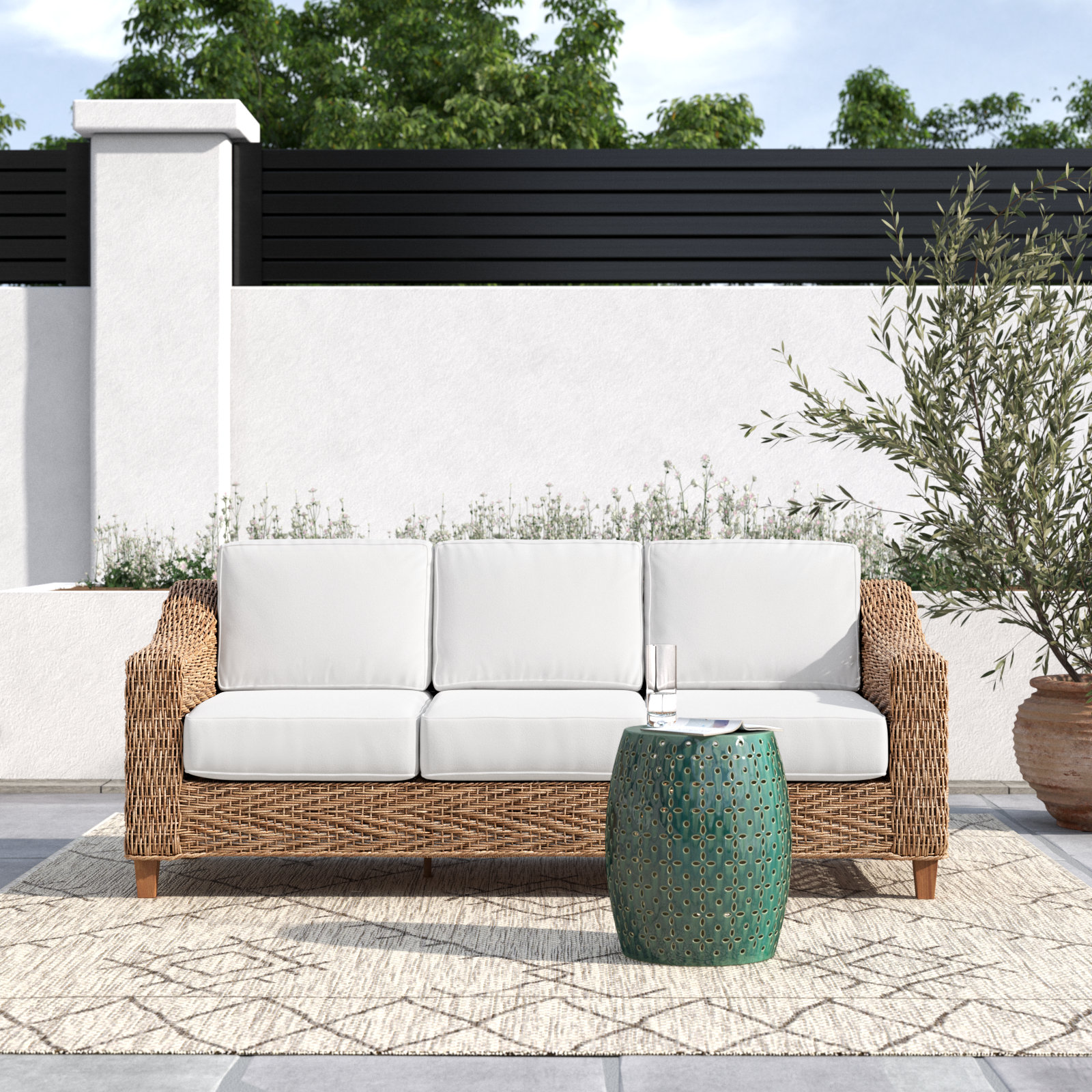Helsing 85'' Wide Straight Wood Patio Sofa with Sunbrella® Cushions