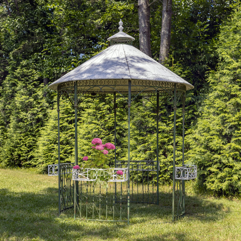 11.25ft. Tall Round Iron Gazebo with Four Side Walls & Flowers Baskets Seville, Off-White, Antique Green