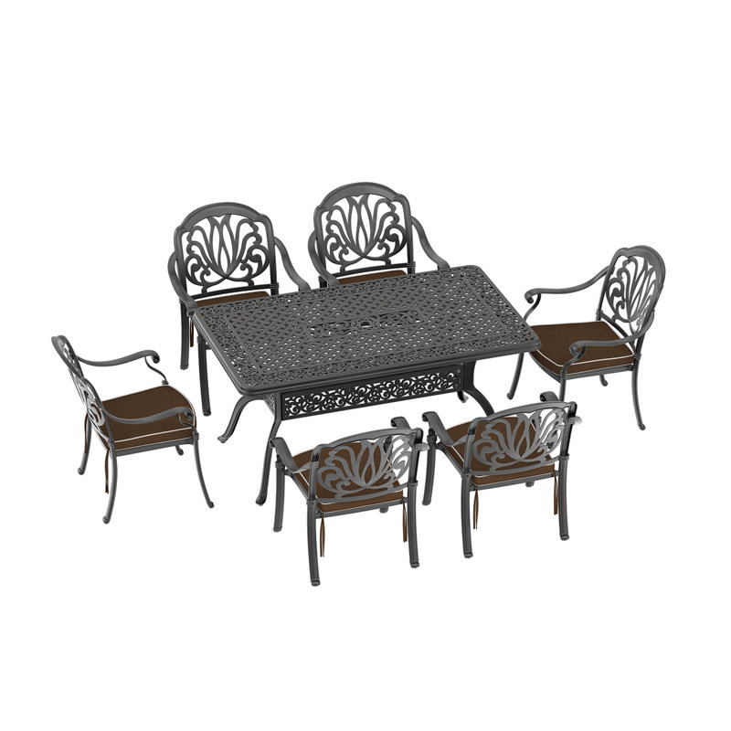 Ensemble de 7 pièces de mobilier de patio en aluminium coulé avec coussins bruns (même référence: W1710S00146, W1710S00582)