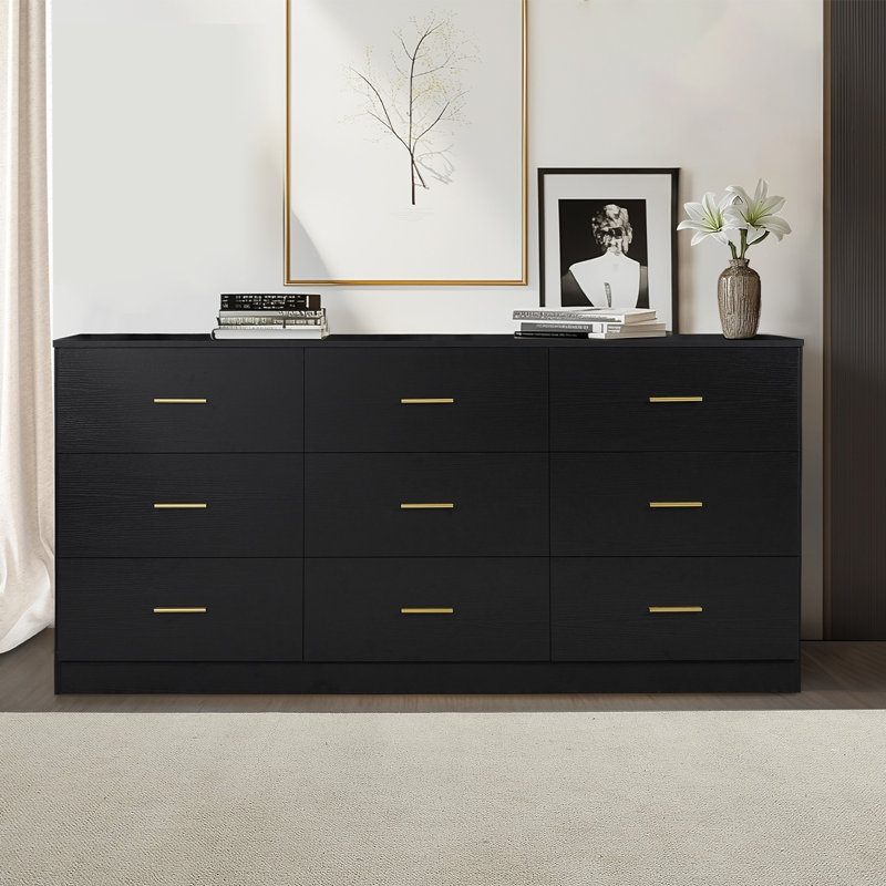  Commode triple 63 po à neuf tiroirs en bois noir 63 po