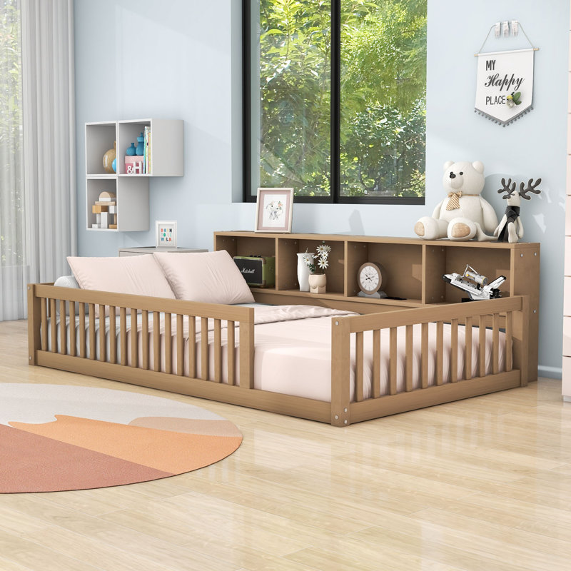 Twin XL Wood Daybed with USB Ports and Shelves, Brown