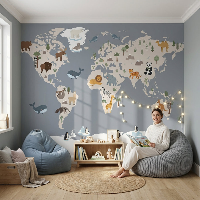 Papier peint carte du monde, Texturé non collé, 100 po x 96 po