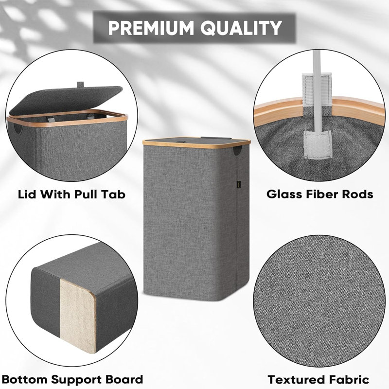 Laundry Hamper with Lid, Tall Laundry Baskets with Bamboo Pull Handles, Large Laundry Bin with Internal Support (Grey)