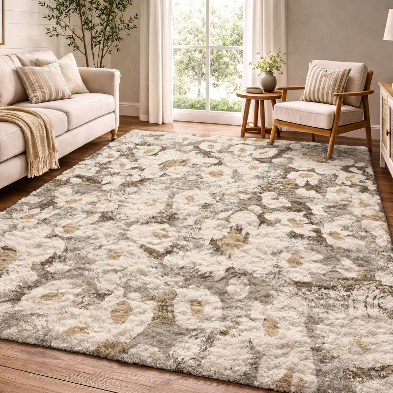 Tapis floral à poil long de qualité supérieure lavable à la machine ADS538, Kaki, 5 pi x 7 pi 6 po