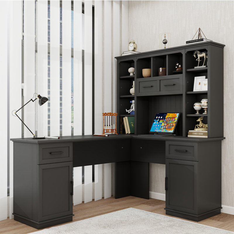 Modern L-shaped White Computer Desk For Home Office,wood Office Desk With Drawer And Bookcase, Black