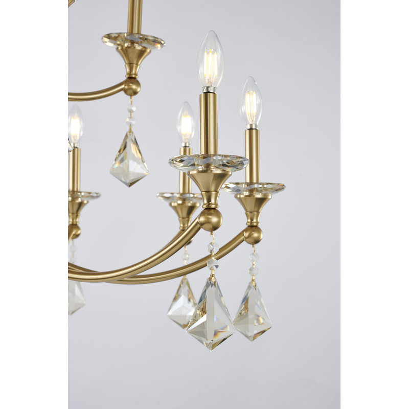 Lustre en laiton satiné 15 lumières avec cristaux transparents et champagne, Brun, Champagne