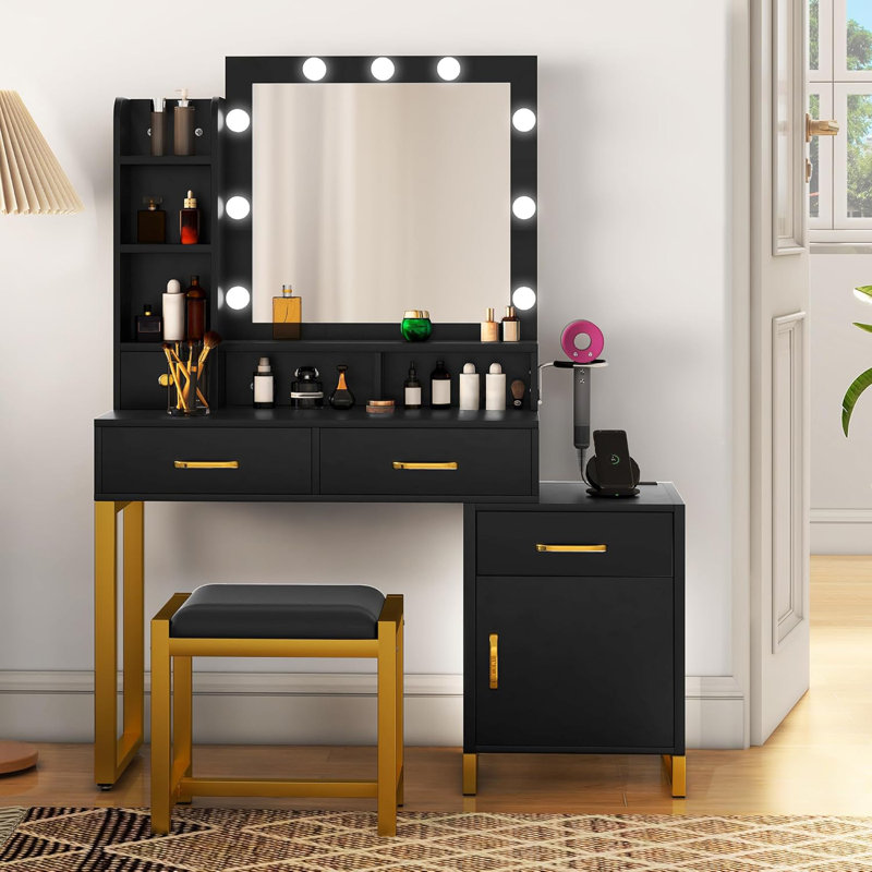 Meuble-lavabo encastré avec miroir éclairé de 53 po Azusena, Noir