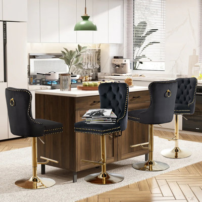 Thick Golden Swivel Velvet Barstools Adjusatble Seat Height from 27-35 Inch,