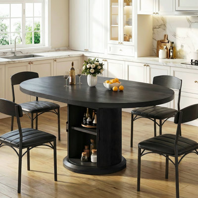 Table de salle à manger extensible ronde de 47 à 63 po pour 4 à 8 personnes, base piédestal avec tablette de rangement à 2 niveaux anti-poussière, table de salle à manger en bois peu encombrante
