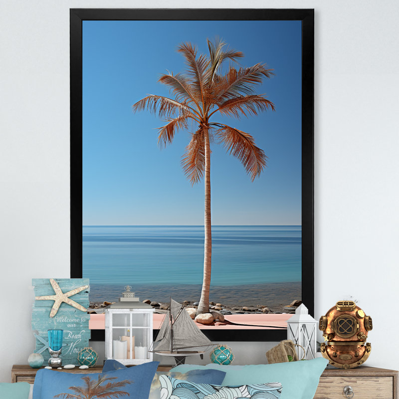 Sea Breeze Blue and Pink Plam Tree II sur toile, H 32 po x l 16 po x P 1 po, Cadre photo noir
