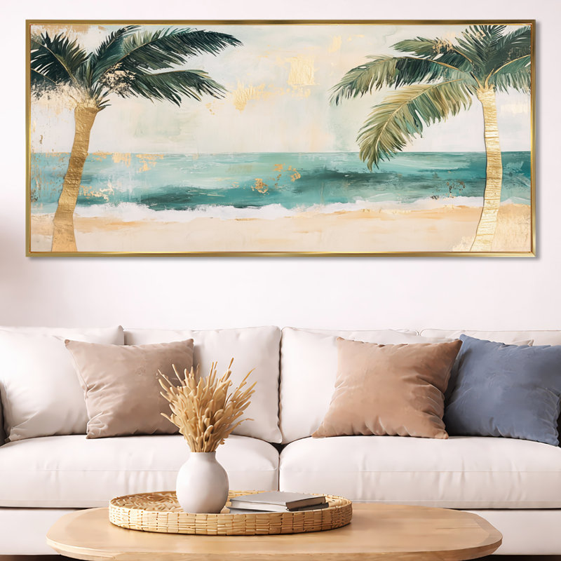 Toile de plage tropicale, art mural feuille de palmier, Mitchel, Cadre flottant doré, H 28 po x l 60 po