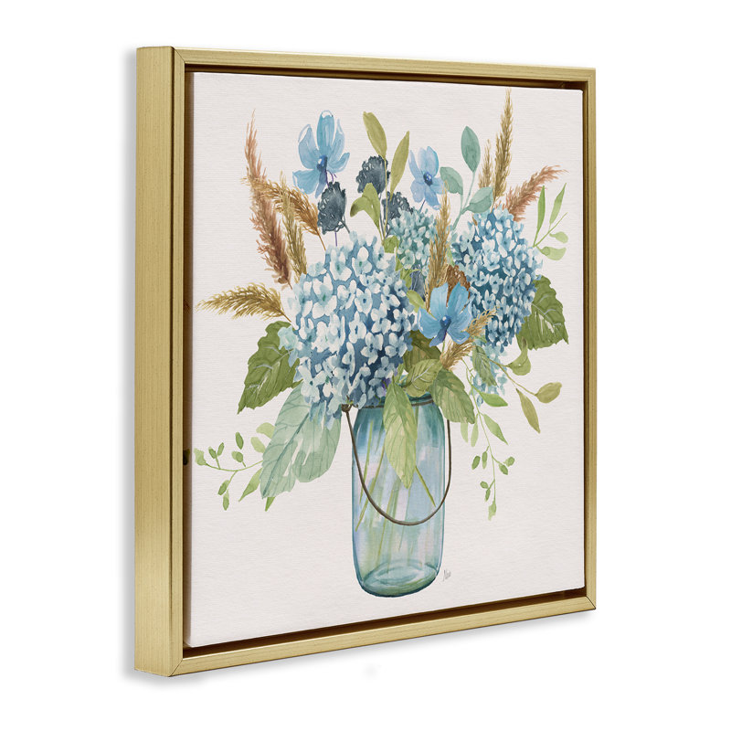 Hydrangea in Mason Jar Floating Frame, design by Nan, 18" H x 18" W, Metallic Gold Floater Frame