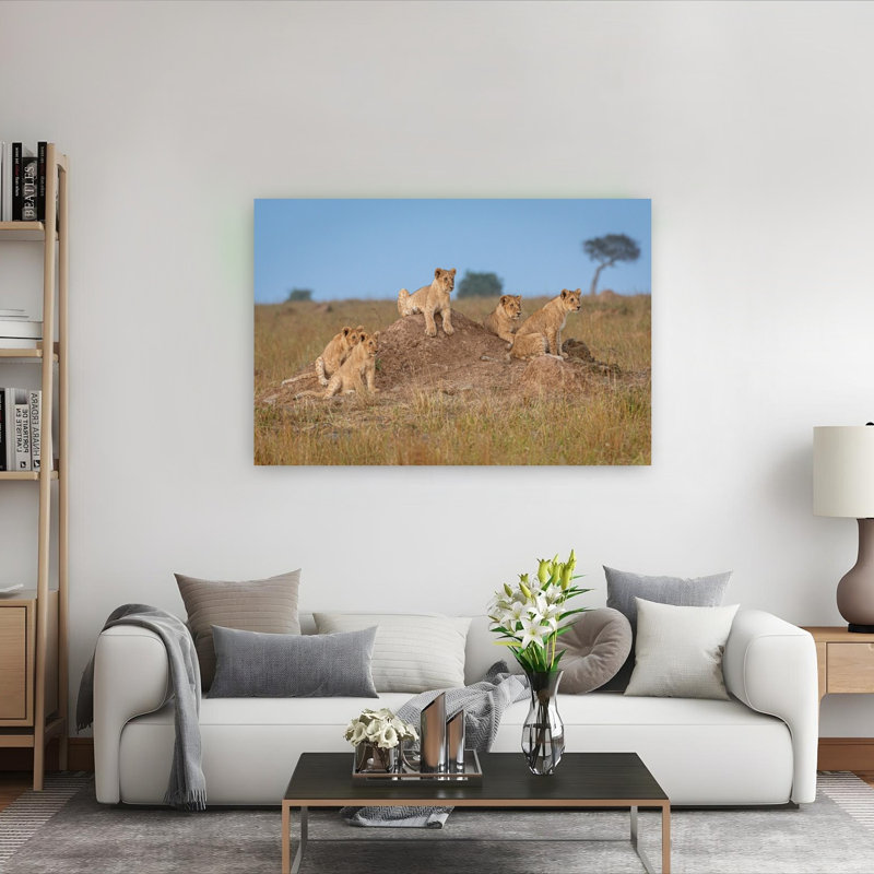 Savannah Lion Cubs Abstract Contemporary Landscape Nature Wall Art Print by Jeffrey C. Sink - 1 Piece Wrapped Canvas Wall Art