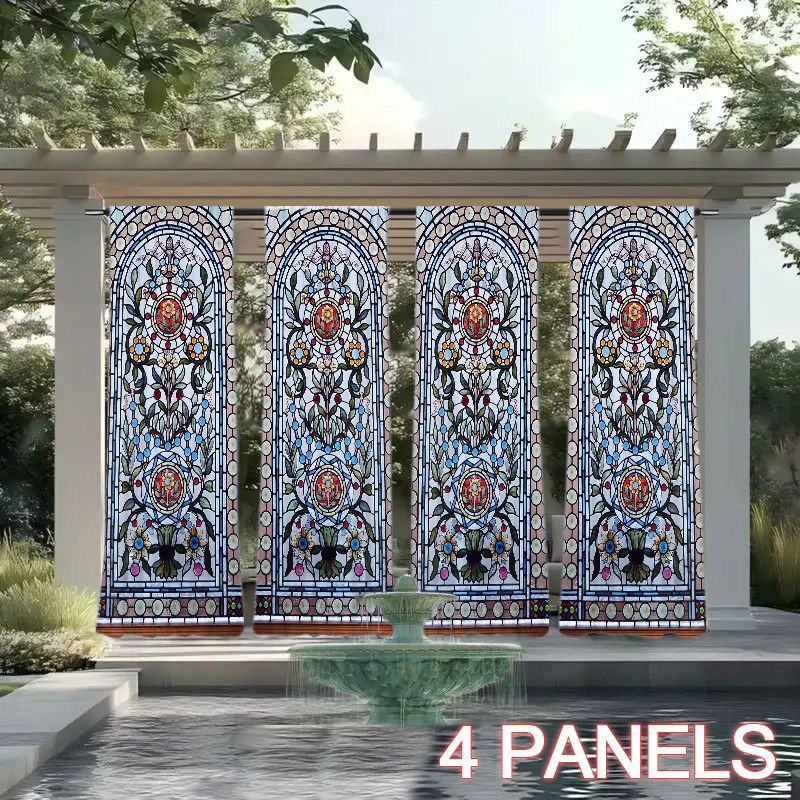 4Pcs Vintage Stained Glass Window Pattern Panel Curtain, Gothic Cathedral Church Style Floral Art Sunshade, Luxury Home Dining Room Living Bedroom Decoration, Indoor Aesthetic Ornament, Easy To Clean, Suitable For All Seasons