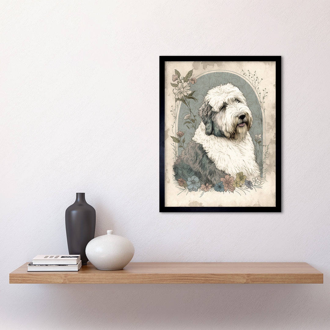 English Sheepdog With Flower Blooms Boho Portrait Watercolour - Single Picture Frame Print