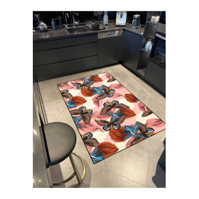 Tapis décoratif lavable papillon rose