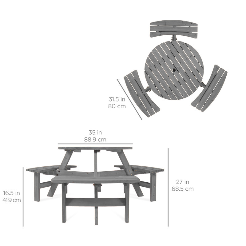  6-Person Circular Outdoor Wooden Picnic Table W/ 3 Built-In Benches, 500Lb Capacity - Gray, Gray